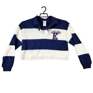 Womens White & Blue Striped Polo Shirt Oakland Long Sleeve Graphic Size M